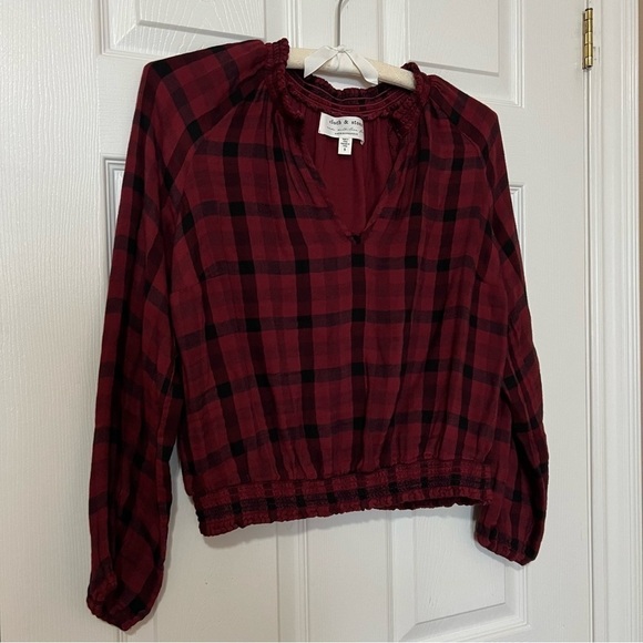 Anthropologie Cloth & Stone Sara Red Black Plaid Long Sleeve Blouse - Sz S - Picture 5 of 14